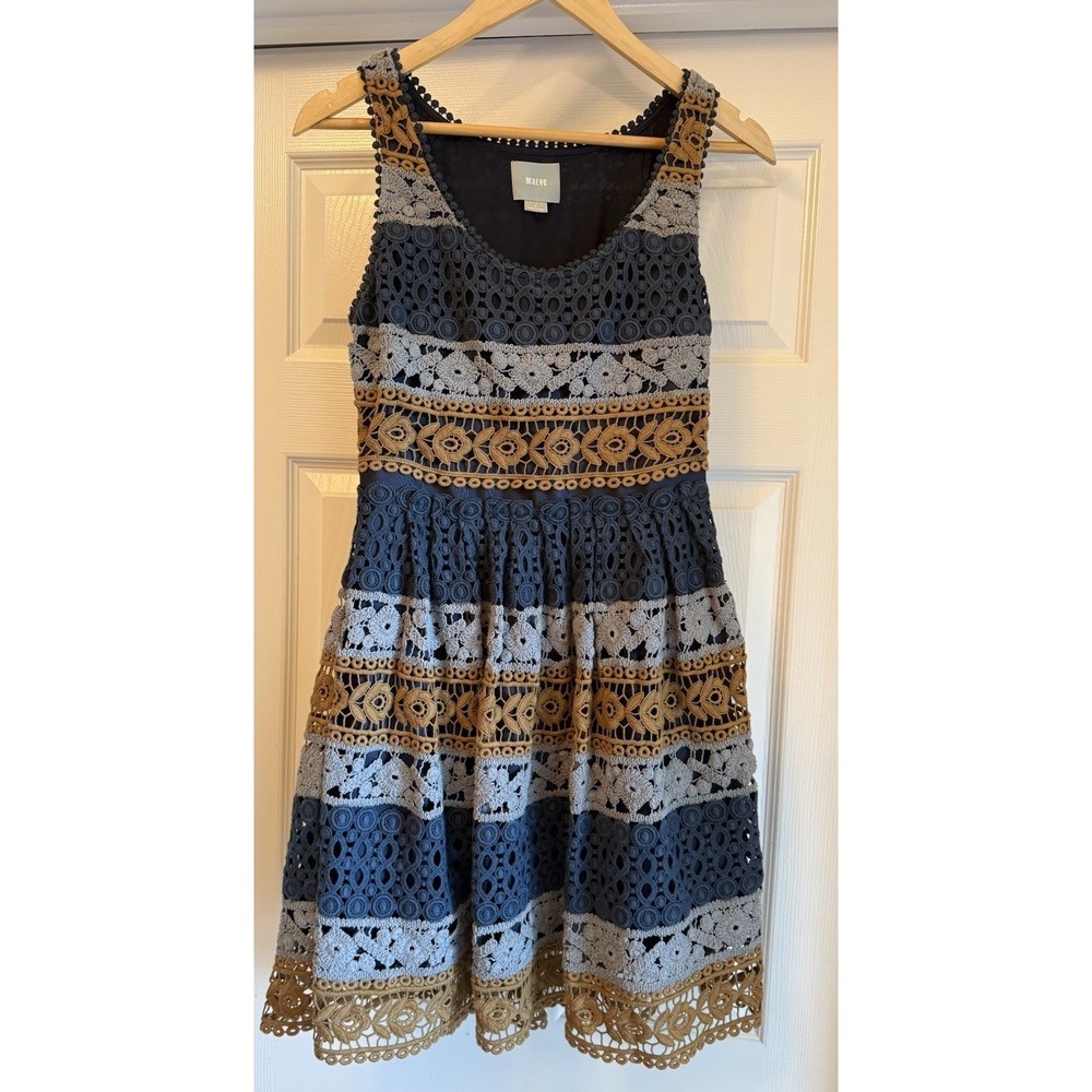 Maeve Anthropologie Lace Dress Womens 2 Navy Blue Gold Fit Flare Sleeveless